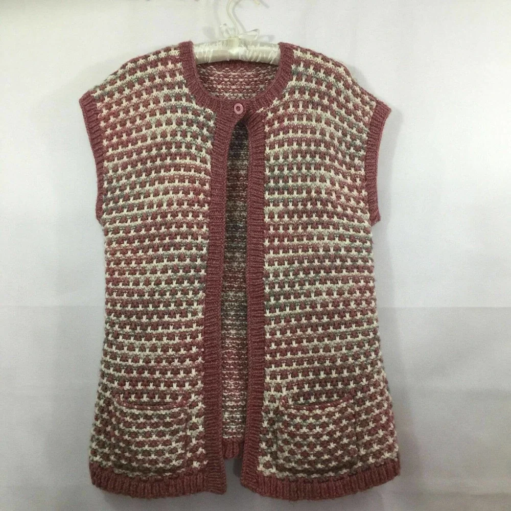 Handmade Open Front Vest Pink White Chunky Knit Sleeveless Cardigan Women Sz S